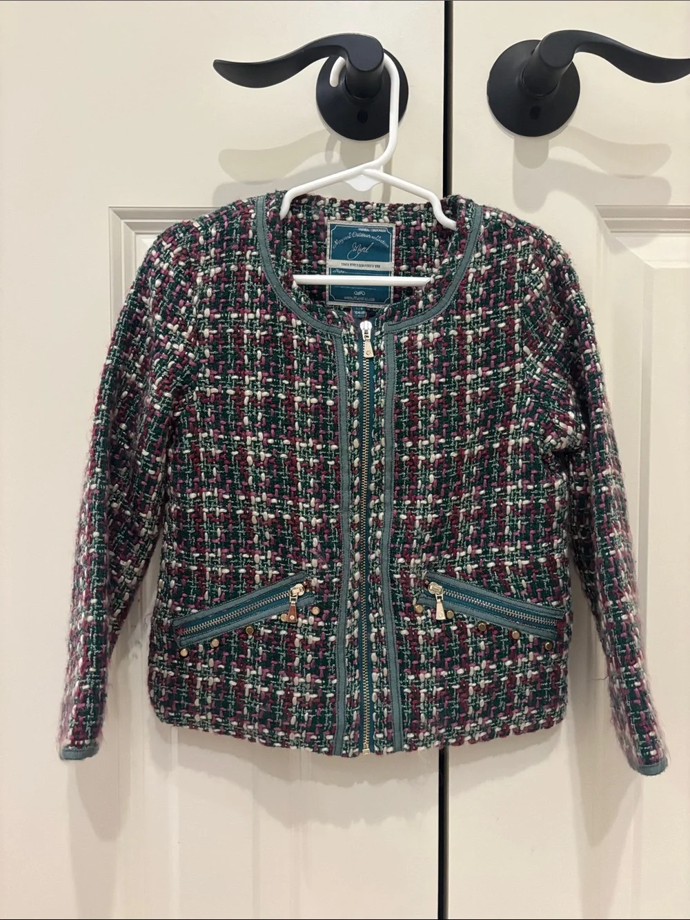 Mayoral Girls Multicolor Tweed Zip-Front Jacket with Teal Trim